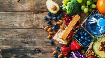 Kids school lunch box with sandwich, fruits, vegetables, blueberries, nuts and bottle of water on wooden table, with copy space