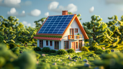 
A young child is playing in a yard next to a house with solar panels. The yard is lush and green, and the house has a slanted roof
