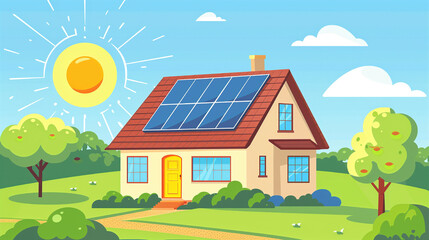 Naklejka premium A boy stands in front of a house with a solar panel on the roof. The house is surrounded by trees and grass, and the sun is shining brightly. Concept of warmth and happiness