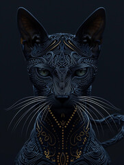 A woman with a tiger on her head is surrounded by gold and blue. The tiger is black and has a golden crown on its head