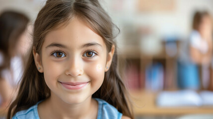 A young girl with braided hair is smiling in a classroom. The room is filled with desks and chairs, and there are several posters on the walls. The girl is wearing a blue shirt and a blue vest