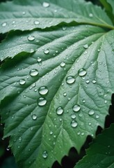 Fototapeta premium close-up of water droplets on a green leaf, ad shot, copy space for text 
