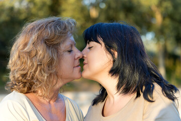 Fototapeta premium Loving lesbian couple about to kiss in golden sunset light