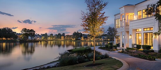 Fototapeta premium Sophisticated suburban Stick-Eastlake home with a white exterior, city park with lake, twilight,