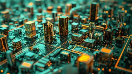 Obraz premium Smart city on circuit board background. Futuristic cyberspace