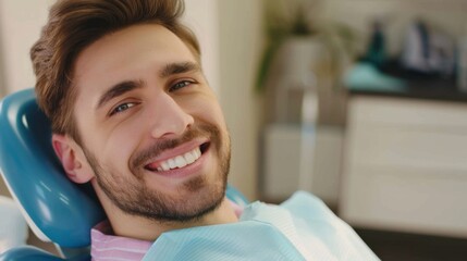 medicine, dentistry and healthcare concept - happy smiling male patient on chair at dental clinic