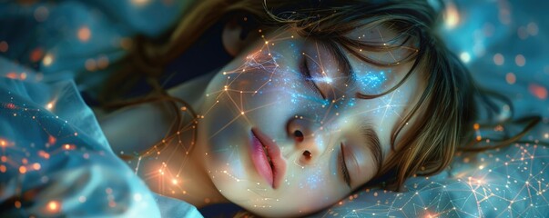 Illustrative blend of a resting person and complex biochemical charts, emphasizing the science of sleep and its benefits