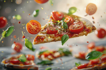 margherita pizza with tomatoes and basil toppings flying through the air