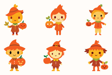  Cute chibi Silly scarecrow with pumpkin vector illustration