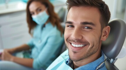 Fototapeta premium medicine, dentistry and healthcare concept - happy smiling male patient on chair at dental clinic