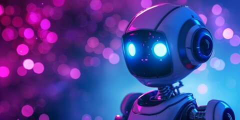Fototapeta premium A high-tech AI robot with glowing blue eyes, set against vibrant neon lights. Futuristic and advanced.
