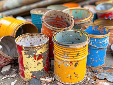 A close-up shot of several paint cans left behind at a construction site