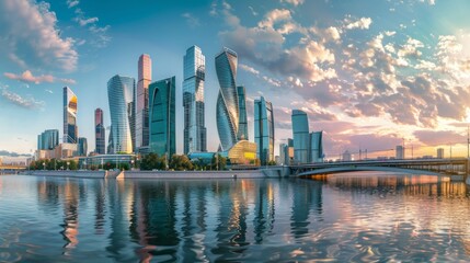 Fototapeta premium Modern cityscape featuring skyscrapers and office buildings, ideal for business and travel themes, capturing the vibrant