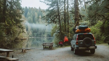 Car with a roof rack full of camping gear parked beside a forested campsite