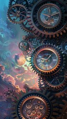 Obraz premium Intricately Detailed Gears and Clock Hands Illustrating Passage of Time with Scenic Sky Background