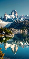 Fototapeta premium Towering Peaks and Serene Reflection: Majestic mountain range mirrored in a pristine lake amidst lush greenery