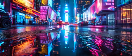 neon mega city with light reflection from puddles on street heading toward buildings. Concept for night life, business distric