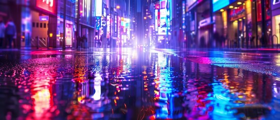 neon mega city with light reflection from puddles on street heading toward buildings. Concept for night life, business distric