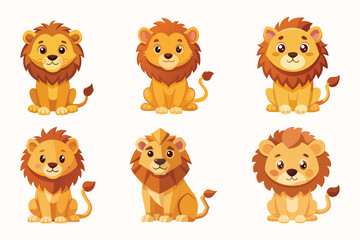 Fototapeta premium Set of Cute children's lion, sweet expression, vector illustration.