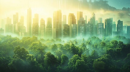 Futuristic city with integrated technology and eco-friendly designs, ample copy space