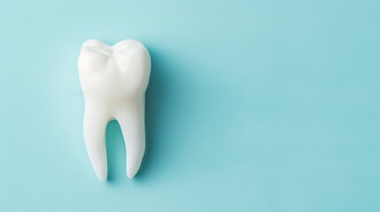 Fototapeta premium Pastel blue postcard with a white fake tooth, concept of dentistry, dental care and international dentist day celebration