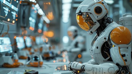 Fototapeta premium A futuristic scene of scientists developing artificial intelligence, with robots and advanced computer systems in a sleek