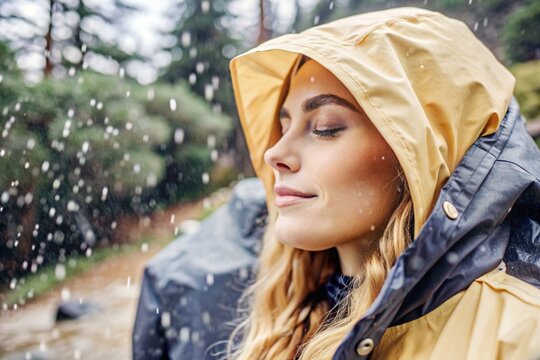 Close-up. A happy young woman in a raincoat enjoys the rain on the background of a green forest, the concept of enjoying a natural leisurely life, environment, lifestyle.