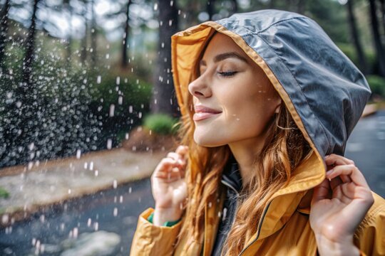 Close-up. A happy young woman in a raincoat enjoys the rain on the background of a green forest, the concept of enjoying a natural leisurely life, environment, lifestyle.