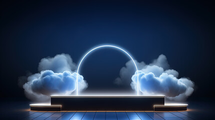 Neon arch in dark blue lights room with clouds. Abstract background for party stage or product display.