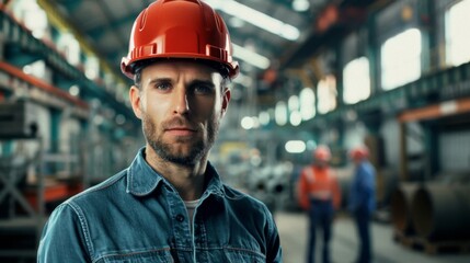 Portrait of a confident worker in a factory wearing hard hat with business people in background