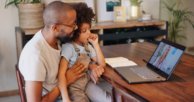 Child, black man and laptop screen with doctor for telehealth service, communication and advice. Home, boy and father with pediatrician on tech for medical support, discussion or virtual consultation - Powered by Adobe