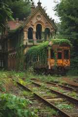 Obraz premium Abandoned Train Station Overtaken by Nature with Rusted Train and Overgrown Vines
