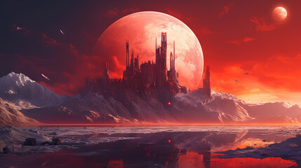 Space landscape on alien planet with mountains and sun in the style of 80s sci-fi book art.