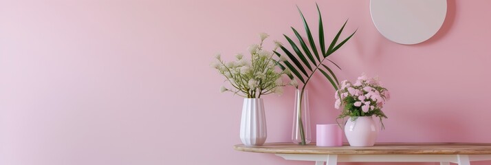 A white vase with pink flowers sits on a wooden table next to a pink wall