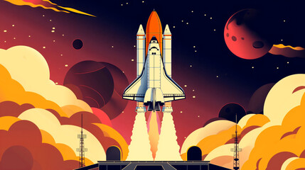 Stylized illustration of a space shuttle launching into a colorful cosmic sky with planets and clouds.