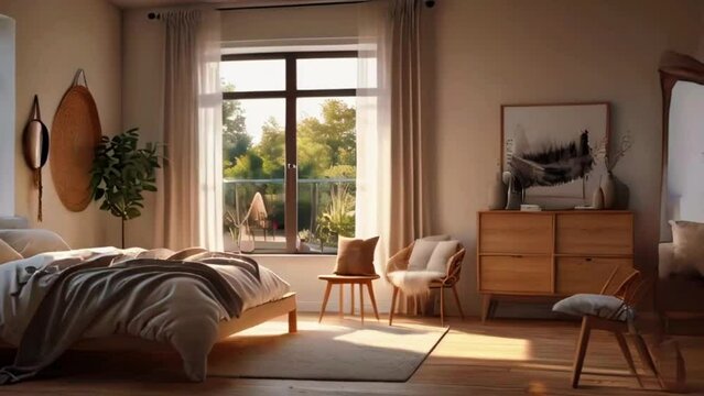 A timeless bedroom with rich wooden furniture, a four-poster bed draped in silk, and soft, ambient lighting, 4K Wallpaper animation video