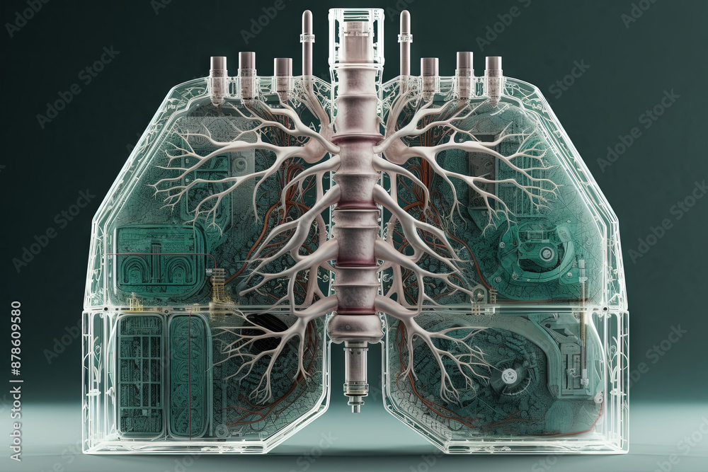 Poster artificial implant science concept with technological ai lungs on the circuit board.