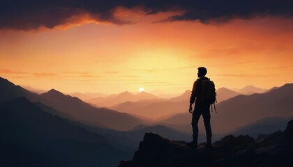 silhouette of a man with a backpack at the top of a rocky mountain, dramatic sunset 
