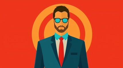 a stylish man in a suit and tie, wearing sunglasses, posing confidently against a bright orange background.
