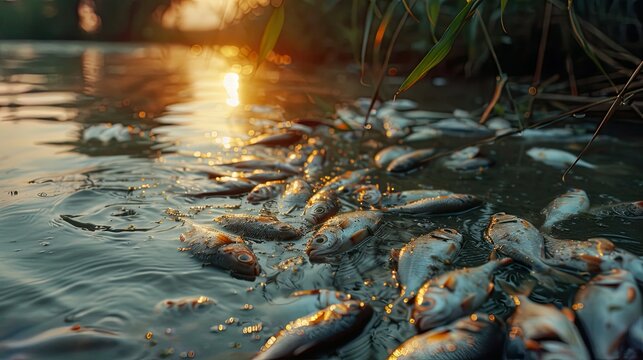 Dead Fish in a River at Sunset