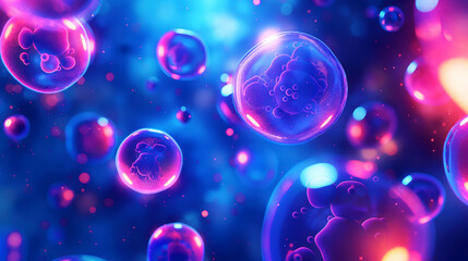 Vibrant illustration of microscopic cells floating in a vividly colored, ethereal environment.