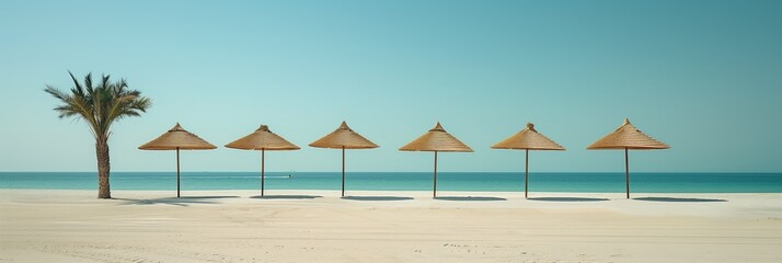 A beach with a palm tree and a row of umbrellas
