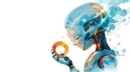 Fototapeta premium Futuristic robot holding a cogwheel, symbolizing advanced technology and artificial intelligence. Vibrant digital art with intricate details.