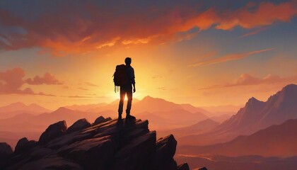 Fototapeta premium silhouette of a man with a backpack at the top of a rocky mountain, dramatic sunset 