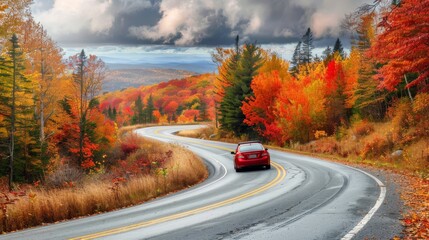 Naklejka premium Car driving through a colorful autumn landscape on a winding road