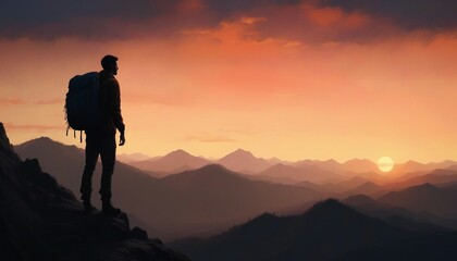 silhouette of a man with a backpack at the top of a rocky mountain, dramatic sunset 
