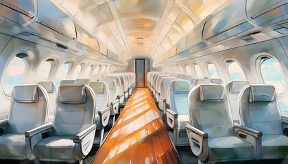 Fototapeta premium Interior of airplane with passengers on seats, reflect the diversity and complexity on digital art concept, Generative AI.