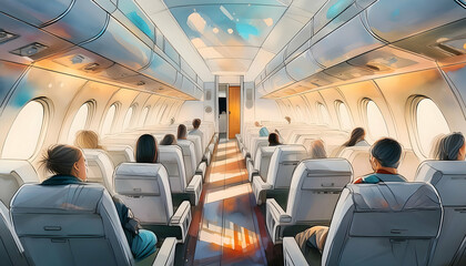 Fototapeta premium Interior of airplane with passengers on seats, reflect the diversity and complexity on digital art concept, Generative AI.