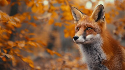 Fototapeta premium Portrait Fox in the autumn forest, close-up. Beautiful card with space for congratulatory text. 