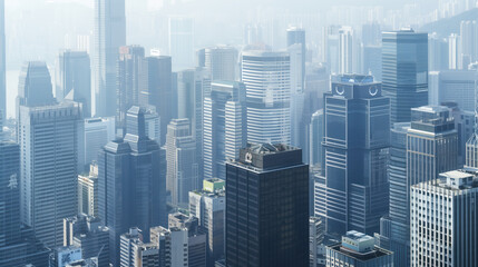 Fototapeta premium Panorama of a modern city with foggy skyscrapers in the background.